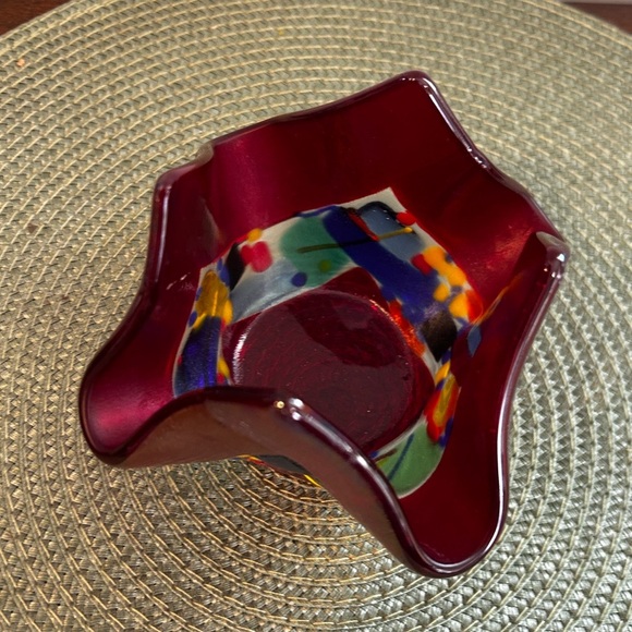 Melissa Branzell Dichroic Fused Art Glass Dish Plate Handkerchief Red Multicolor - Picture 2 of 9
